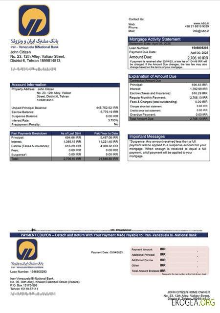 Iran, Venezuela Bi, relevé hypothécaire de la Banque Nationale Modèle Word et PDF